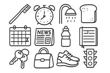 Daily Routine Icons. Daily routine doodle icon set: hand drawn icons of toothbrush, alarm clock, shower, breakfast toast, calendar