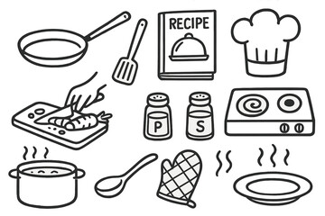 Home Cooking Icons. Home cooking doodle icon set: hand drawn icons of frying pan, spatula, recipe book, chef hat, cutting