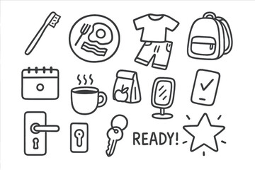 Fototapeta premium Morning Routine Icons. Morning checklist doodle icon set: hand drawn icons of toothbrush, breakfast plate, clothes laid out,