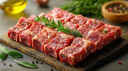 Fototapeta premium Raw Beef Short Ribs on Wooden Board Rosemary and Olive Oil beef ribs meat