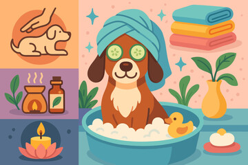 Dog's Luxurious Spa Day. Colorful scene showing dog at pet spa and pampering icon set for massage, towels, scents and relaxation