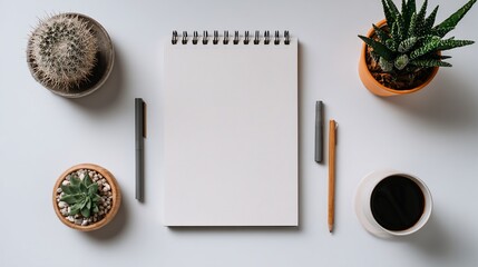 Minimalist Office Workspace with Notepad Pencils and Potted Cactus Plants