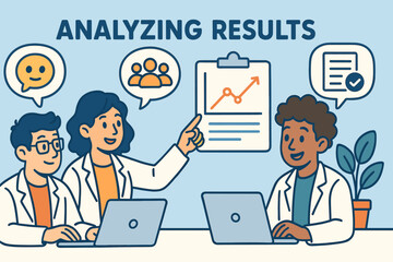 Collaborative Science Team. Cartoon-style horizontal panel showing team analyzing results and collaborative science icon set for