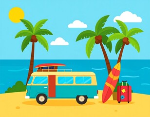 Retro van on a tropical beach
