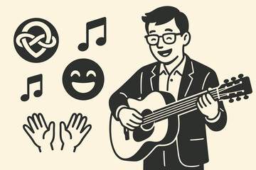 Harmonious Classroom Moments. Horizontal vector artwork of teacher playing guitar and joyful learning icon set for harmony symbol,