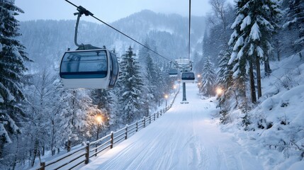 Cable cars ascending snowy mountain slope at a ski resort in winter