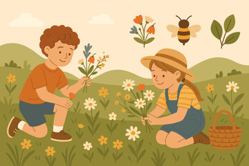 Kids Collecting Wildflowers. Wide vector layout with kids picking wildflowers and nature icon set for blooms, bee, basket and