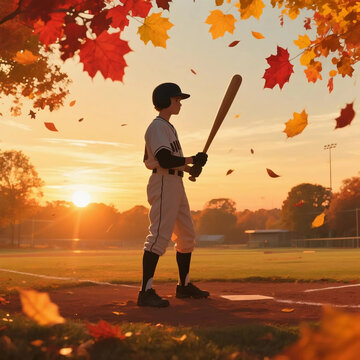Young Baseball Player at Sunset, Autumn Season