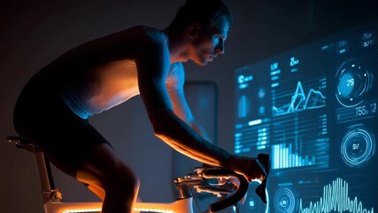Athletic man training on stationary bike while analyzing futuristic digital interface with performance data and health metrics. Neon blue lighting in dark room. 4K video - Powered by Adobe