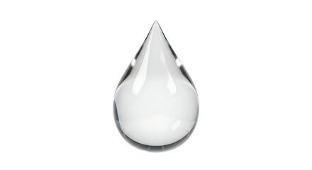 A single, perfectly formed, clear water droplet suspended against a stark white background, showcasing its translucent and reflective qualities.