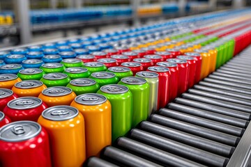 Colorful aluminum cans moving on conveyor belt in factory