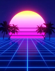 Retrofuturistic sunset scene with glowing grid