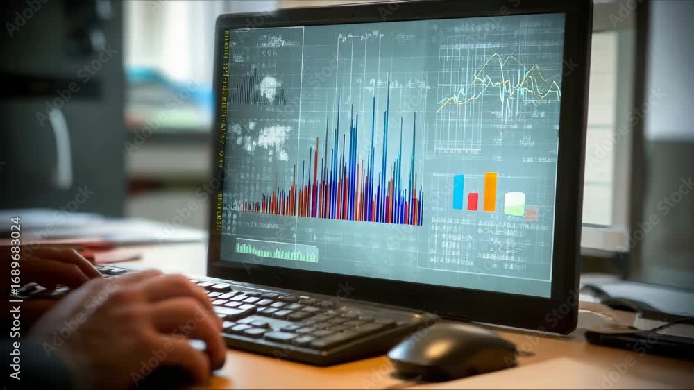 Poster data analysis reveals trends and insights through vibrant graphs and charts while someone works inte