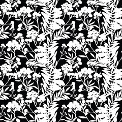 Botanical silhouettes. Boho chic floral seamless pattern. Hand drawn endless motif in watercolour and digital. Mixed media botanical design for textile, fabric, packaging, decoupage, prints, souvenirs