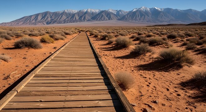 Wooden boardwalk leads through arid desert landscape towards distant snow capped mountains under clear blue sky