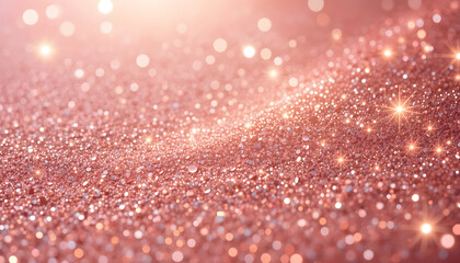 Rose Gold Glitter Surface with Sparkling Particles and Soft Glow Close-Up Abstract Texture Featuring Shimmer, Light, and Bokeh Blur Elegant Digital Background with Radiant Highlights and Festive Mood