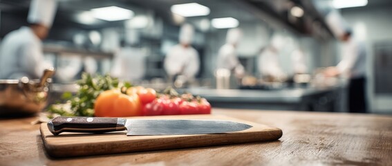 Close-up of a stainless steel chef’s knife beside a wooden chopping board on a busy kitchen counter, with blurred chefs at work; a culinary arts scene suited for a banner.