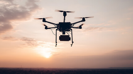 Quadcopter Drone Hovering at Sunset