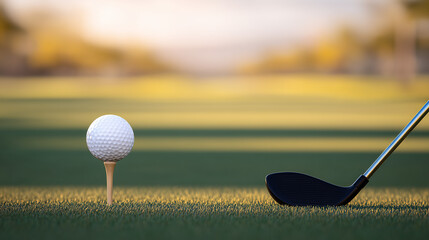 Golf ball on tee with club head poised behind