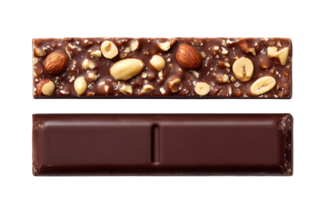 Top-down view of a broken chocolate bar with nuts