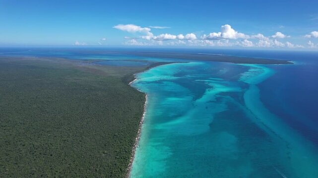 Wide aerial view of Isla Saona, Dominican Republic &mdash; panoramic island and ocean horizon