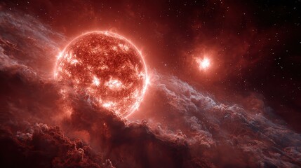 Scenic view of alien planet with a bright star and red, glowing cloud formations at dusk in Universe exploration