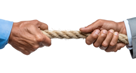 Two hands, wearing business attire, grip a rope in a tug-of-war