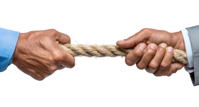 Two hands, wearing business attire, grip a rope in a tug-of-war - Powered by Adobe
