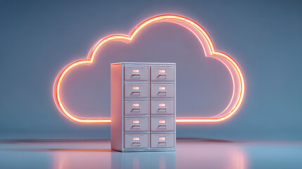 A computer server is lit up in neon colors and is surrounded by a glowing cloud