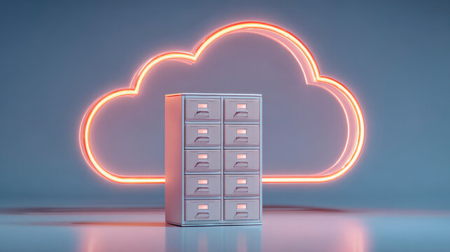 A computer server is lit up in neon colors and is surrounded by a glowing cloud