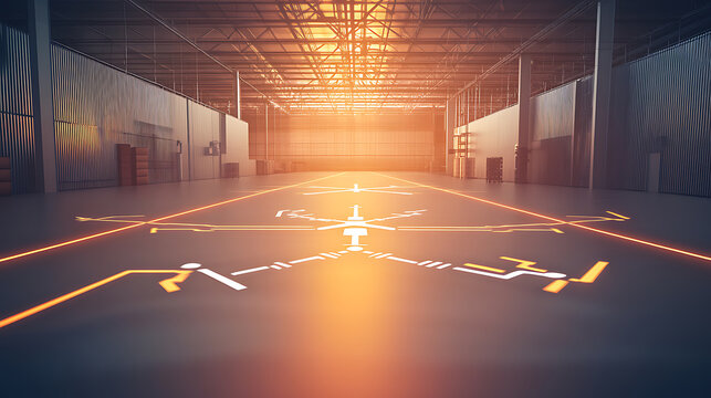 Futuristic Warehouse Interior with Digital Overlay