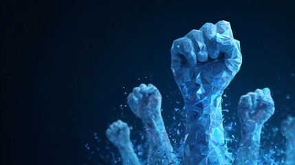 Digital Revolution: Abstract Polygonal Fists Raised in Solidarity Against a Deep Blue Background