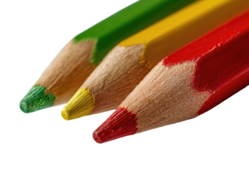 Close-up of three colored pencils, green, yellow, and red, pointed tips angled forward.  Wooden colored pencil tips, showing texture