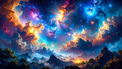Obraz premium A vibrant, dreamlike landscape merging the cosmos with clouds and mountains. Cosmic clouds swirl and glow with nebula-like colors over a valley and mountains