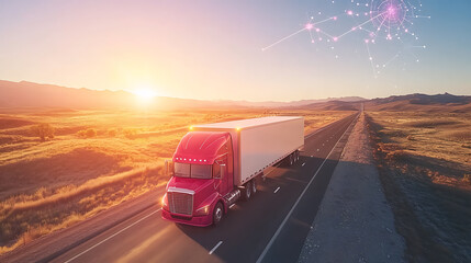 Red Semi-Truck Driving on Highway at Sunset with Futuristic Network Overlay