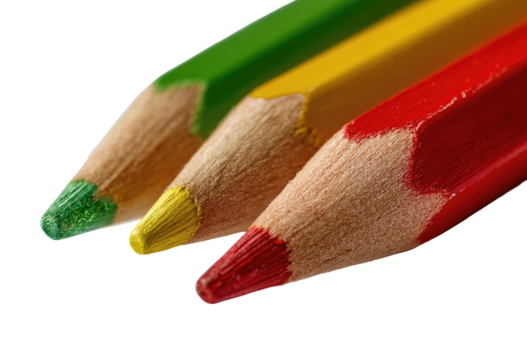 Close-up of three colored pencils, green, yellow, and red, pointed tips angled forward.  Wooden colored pencil tips, showing texture