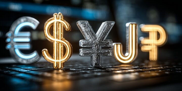 Glowing currency symbols of euro, dollar, yen, rupee and peso standing on a keyboard representing global finance