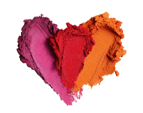 Heart-shaped lipstick swatches in vibrant pink, red, and orange