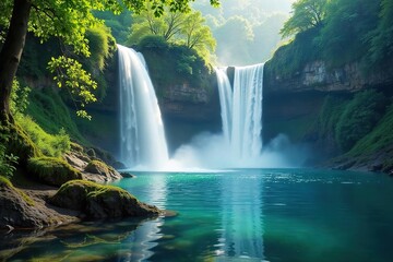 Serene waterfall cascading into a tranquil waterfront, surrounded by lush greenery and mist Perfect for travel, nature, and relaxation themes , tranquility, vibrant green