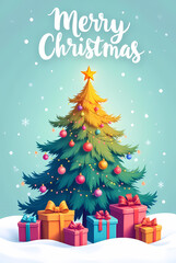 Festive Greetings: A vibrant illustration of a decorated Christmas tree adorned with ornaments, sparkling snow and gift boxes, ready to bring holiday cheer and warmth.