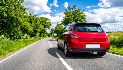Fototapeta premium Red car on a sunny country road