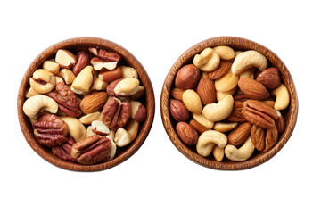 Two wooden bowls of mixed nuts.  Top view
