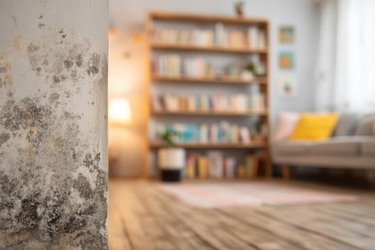 Mold stains creep along a living room wall in a Scandinavian-inspired interior, with a blurred background revealing a bookshelf and light laminate floor, suggesting a lived-in, imperfect home.