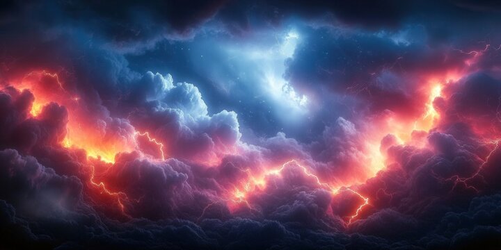A breathtaking view of a stormy night sky with powerful lightning strikes.