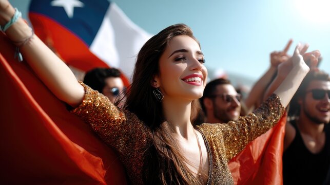 Smiling young Chilean woman embraces national flag, celebrating patriotic pride with a diverse joyful crowd outdoors under bright sun, festive independence day event.