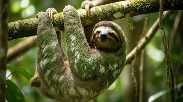 Sloth hanging on a branch green  brown fur long claws forest background