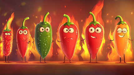 Vector set of cartoon hot chili peppers, fiery red and burning, representing spicy Mexican peppers. Ideal for cooking, sauces, and organic food illustrations
