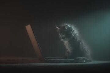 Nighttime mystery: kitten typing in the dark. Reactive interface systems. Control the data-driven world using next-gen spatial technology. Cute night. Cat typing.
