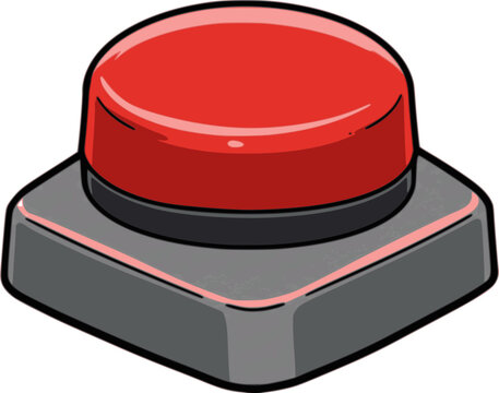 Cartoon illustration of a large red button on a gray base, likely a buzzer for a game show or quiz
