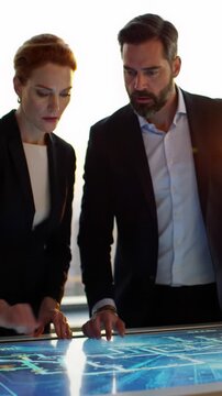 Sophisticated business pros in modern attire interact with holographic projection on a sleek table overlooking a futuristic cityscape at dawn. Concept of strategic ambition.